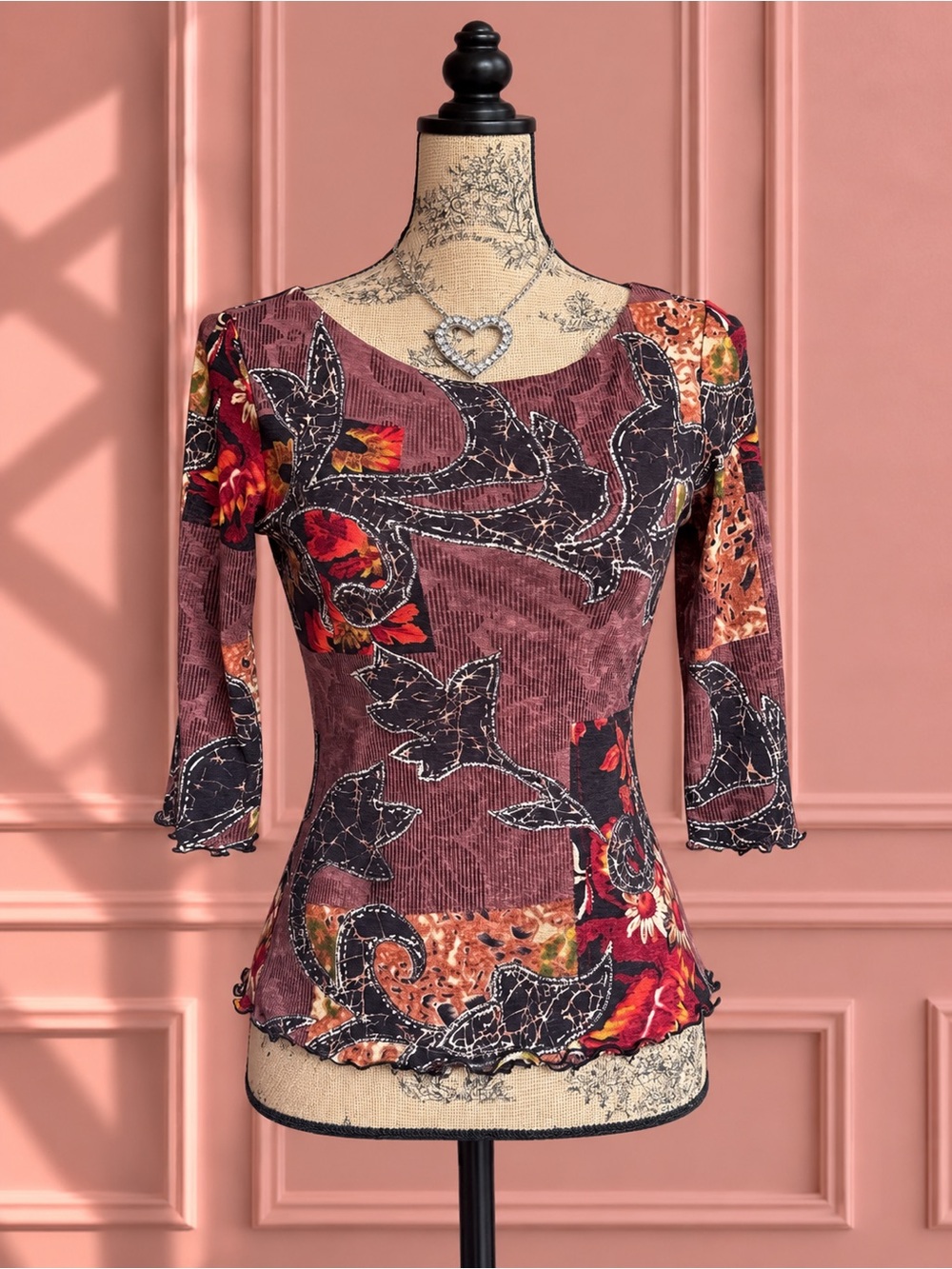 Y2K Burgundy Floral Patchwork Ribbed Scoop Neck Top Size M
